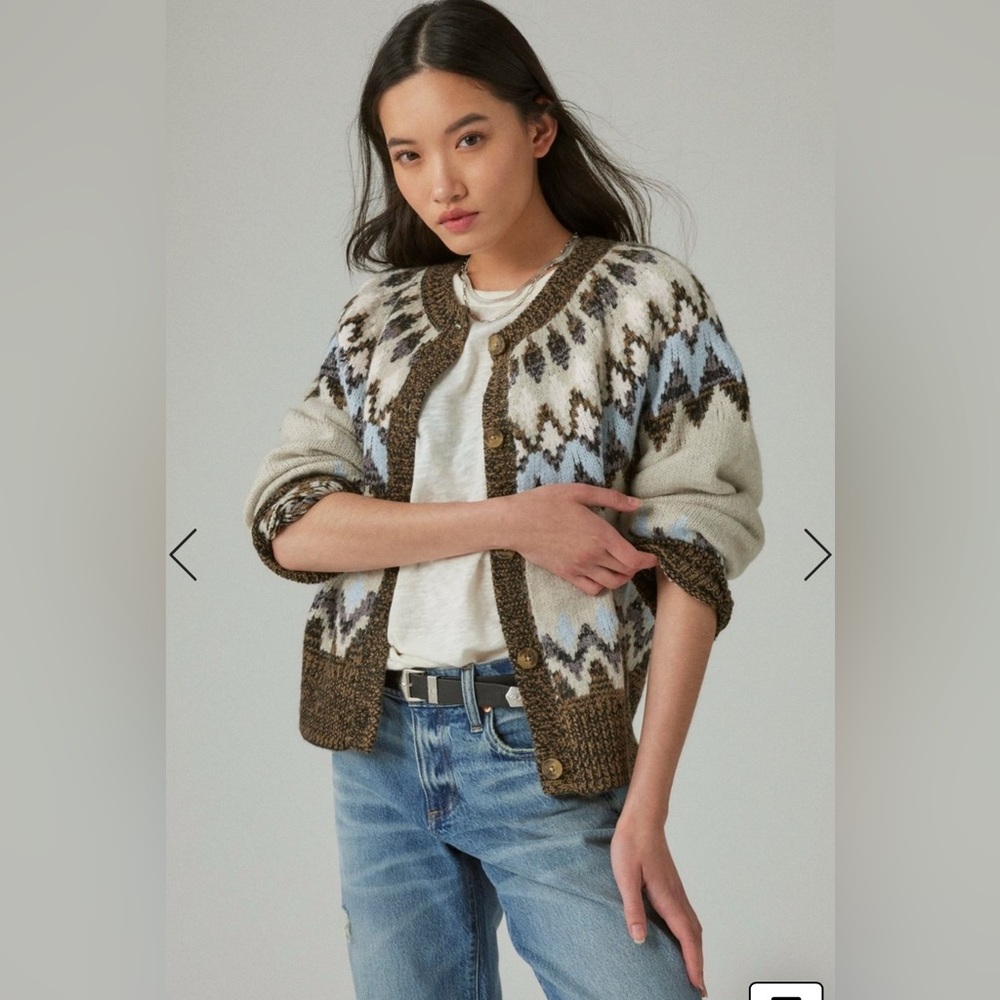 Lucky Brand Cream and Brown Fair Isle Cardigan NWT